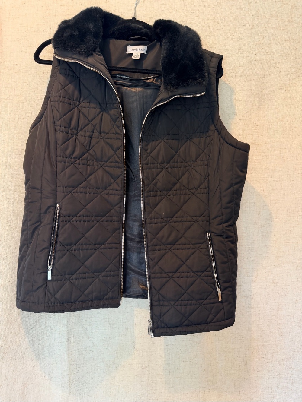 Calvin Klein Black Quilted Vest with Faux-Fur Collar